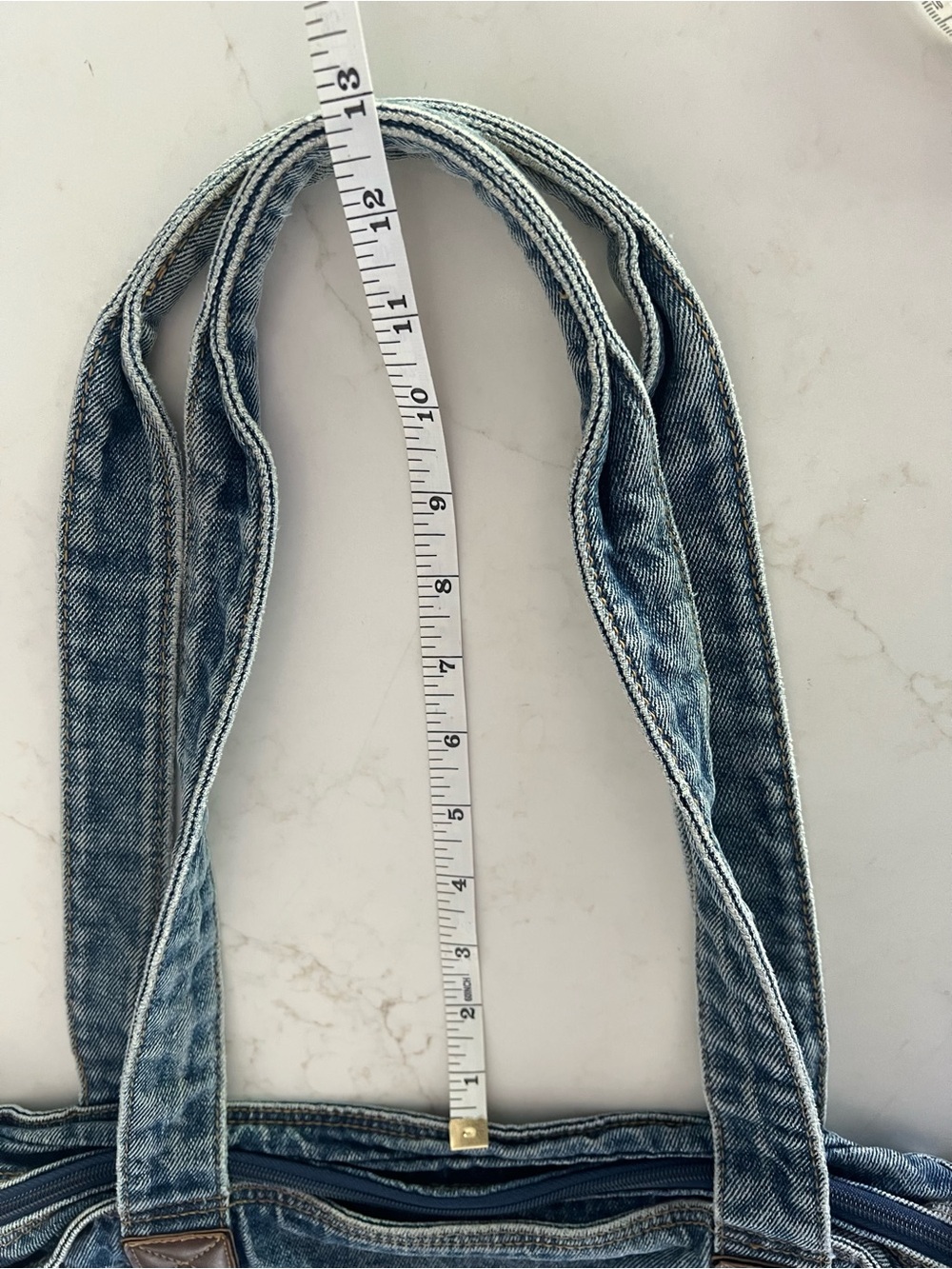 Y2K 100% Cotton Denim Shoulder Tote Bag Blue Jean Buckle Leather Trim - Picture 15 of 15